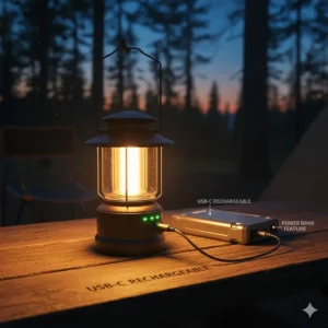 Diagram showing a USB-rechargeable LED lantern for camping with a battery life indicator and power bank feature.