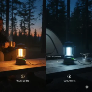 Graphic showing the difference between warm white and cool white light modes on a portable LED lantern for camping.