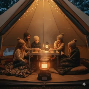 An effective tent heater providing even warmth in a large, family-sized tent during a chilly evening.