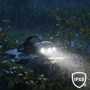 Waterproof rating illustration for a rechargeable headlamp for hiking showing resistance to heavy rain.