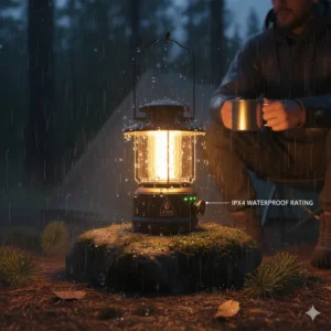 Illustration of an IPX4 waterproof rated LED lantern for camping being used in rainy outdoor conditions.