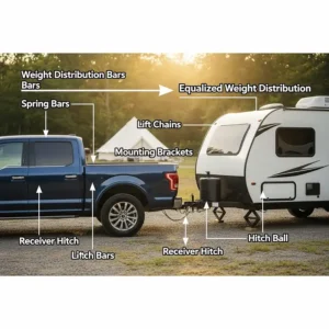 Diagram showing how a weight distribution hitch distributes the load evenly between the tow vehicle and the camper trailer.