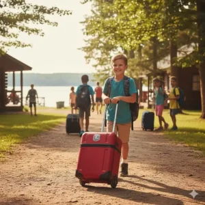 A child easily rolling a portable camp trunk with recessed wheels across a pathway at a summer camp drop-off.