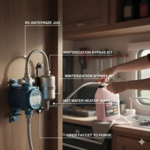 Step-by-step illustration of adding RV antifreeze to a camper water pump system for winter storage.
