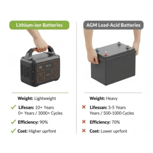 A comparative chart of different 12v power supply options for camping, highlighting the weight and lifespan differences between AGM and Lithium batteries.