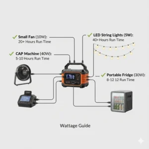 An infographic illustrating common camping gear like fans and CPAP machines connected to a 12v power supply with estimated run times.