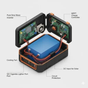 A labeled diagram showing the internal components of a 12v power supply for camping, including the lithium battery, inverter, and charge controller.