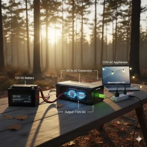 Illustration showing how a camping inverter converts 12V DC battery power into 110V AC electricity for appliances.