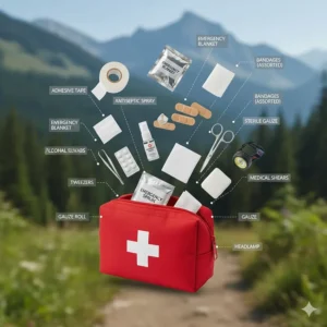 An exploded-view illustration labeling the essential components of a backpacking first aid kit.