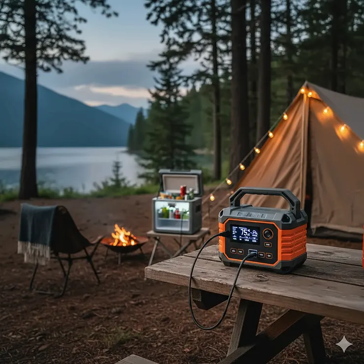 A portable 12v power supply for camping sitting on a wooden picnic table powering a small fridge and LED string lights at a scenic campsite.