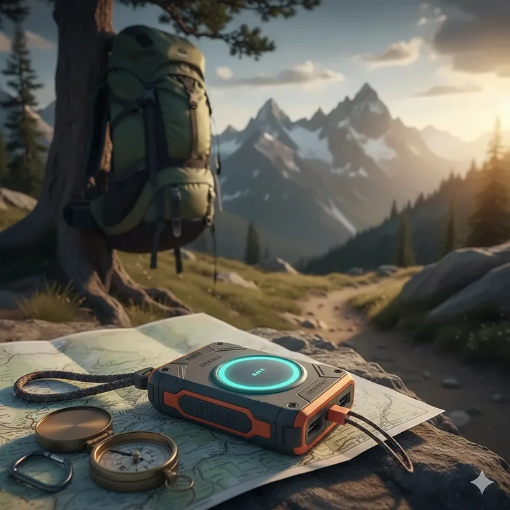 A heavy-duty portable power bank for backpacking sitting on a map next to a compass in a mountain wilderness setting.