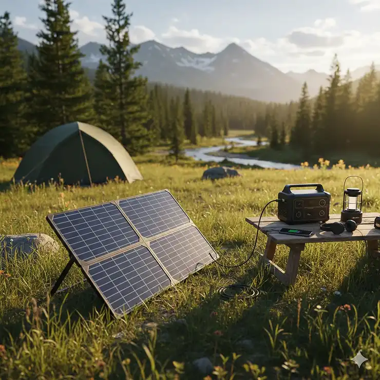 A portable folding solar panel for camping set up next to a tent in a sunny meadow, charging a portable power station.