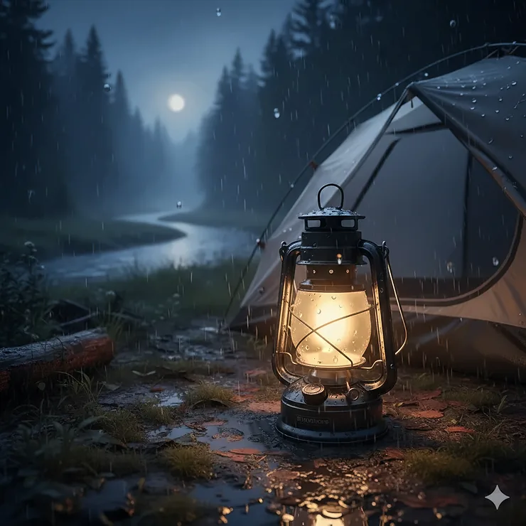 A high-lumen waterproof camping lantern illuminating a tent during a rainy night in the woods.
