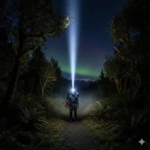 A hiker using the brightest headlamp for camping to illuminate a dark forest trail at night.