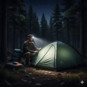 A camper using a powerful headlamp to set up a tent in total darkness.