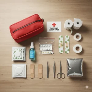 Illustration of essential supplies for a camping first aid kit including bandages, antiseptic wipes, and tweezers.