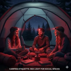 Illustration of campers using red light mode inside a tent to avoid blinding their companions.