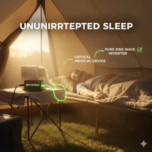 Illustration of a pure sine wave inverter safely powering a CPAP medical device inside a tent.