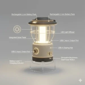 Diagram showing the components of a camping lantern with USB charger ports and rechargeable battery indicator.