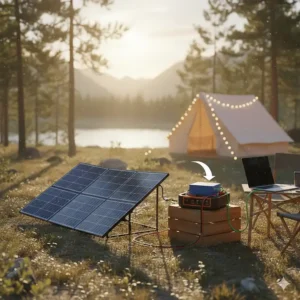 Illustration showing how to connect a portable solar panel to a 12v power supply for camping to maintain off-grid electricity.