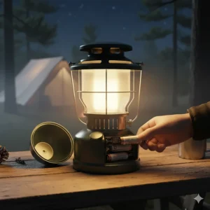 View of the bottom battery compartment of a Coleman LED lantern showing D-cell battery placement.