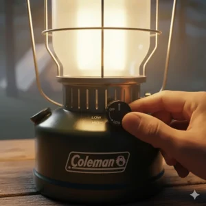 Close-up of the tactile power and dimming dial on the front of a Coleman lantern.