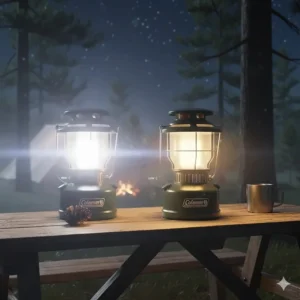 Comparison of the high and low beam settings on a Coleman LED lantern.