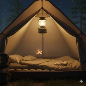 A Coleman LED lantern hanging from the gear loft of a camping tent at night.