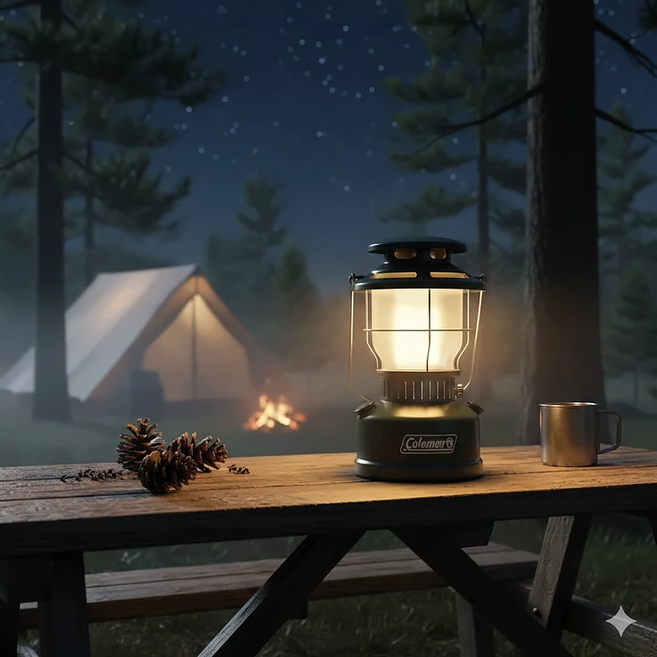 A Coleman LED camping lantern illuminating a wooden picnic table during a nighttime camping trip. Coleman LED lantern review