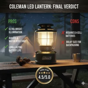 An infographic summarizing the pros and cons of the Coleman LED lantern review.