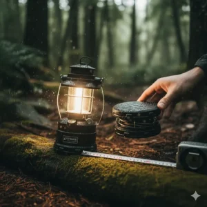 Illustration showing the dimensions and lightweight design of a collapsible waterproof camping lantern.