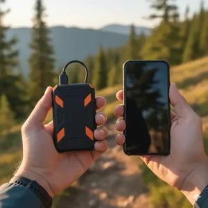 A hand holding a compact, lightweight power bank for backpacking to show its small size relative to a smartphone.