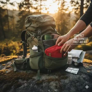 Illustration showing a compact wilderness first aid kit being packed into a hiking backpack.