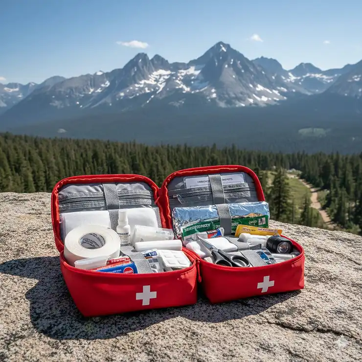 A comprehensive backpacking first aid kit opened on a granite rock with a mountain range in the background.