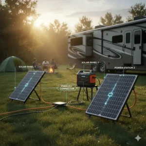 Technical illustration showing two solar panels for camping connected in parallel to double the power output for a large RV or campsite.