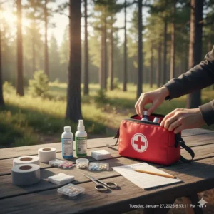 Illustration of a DIY first aid kit for camping being assembled in a bright red waterproof pouch.