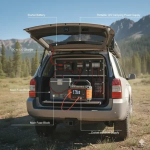 A technical illustration showing a 12v power supply for camping integrated into a vehicle's dual battery system for overlanding.