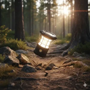 A shockproof solar powered camping lantern surviving an accidental drop on a trail.