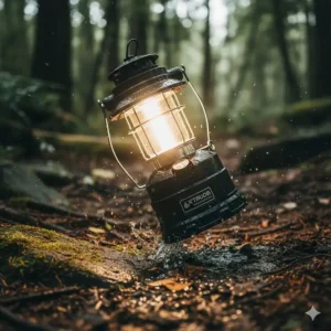 Diagram showing the rugged, shockproof casing of a waterproof camping lantern.