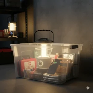 A waterproof camping lantern with USB charger included in a home emergency power outage kit.