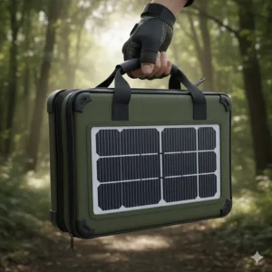 Illustration showing the compact, foldable design of a solar panel for camping being carried by a handle like a briefcase.