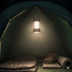 A solar powered camping lantern hanging from the ceiling hook of a tent providing overhead light.