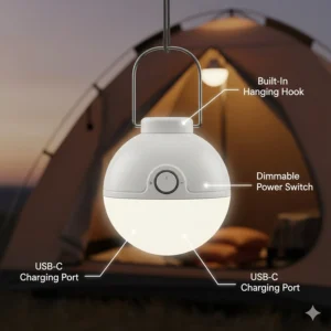 Diagram showing the main features of a hanging tent lantern including a built-in hook and dimmable switch.