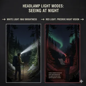 Illustration showing the difference between red light for night vision and white light for maximum brightness.