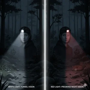 Illustration comparing how a headlamp with red light mode preserves peripheral vision compared to bright white light.