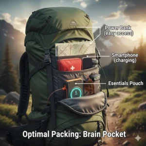 An illustration showing the ideal placement of a power bank for backpacking in a brain pocket of a hiking pack for easy access.