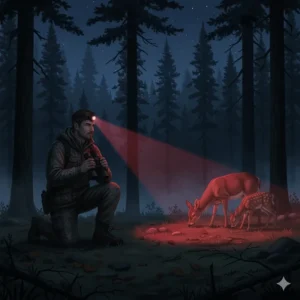 An illustration of a hunter using a red light headlamp to observe wildlife without startling them.