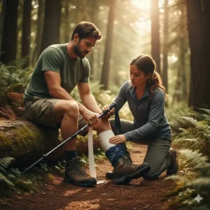 Illustration showing how to use trekking poles and bandages to create a temporary leg splint.