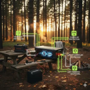 Diagram highlighting inverter safety features including overload protection, cooling fans, and low-voltage alarms.