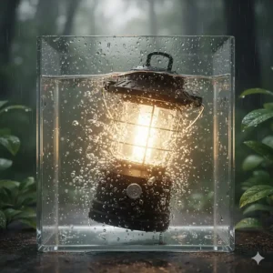 Close-up illustration of an IPX7 waterproof camping lantern submerged in water to demonstrate durability.